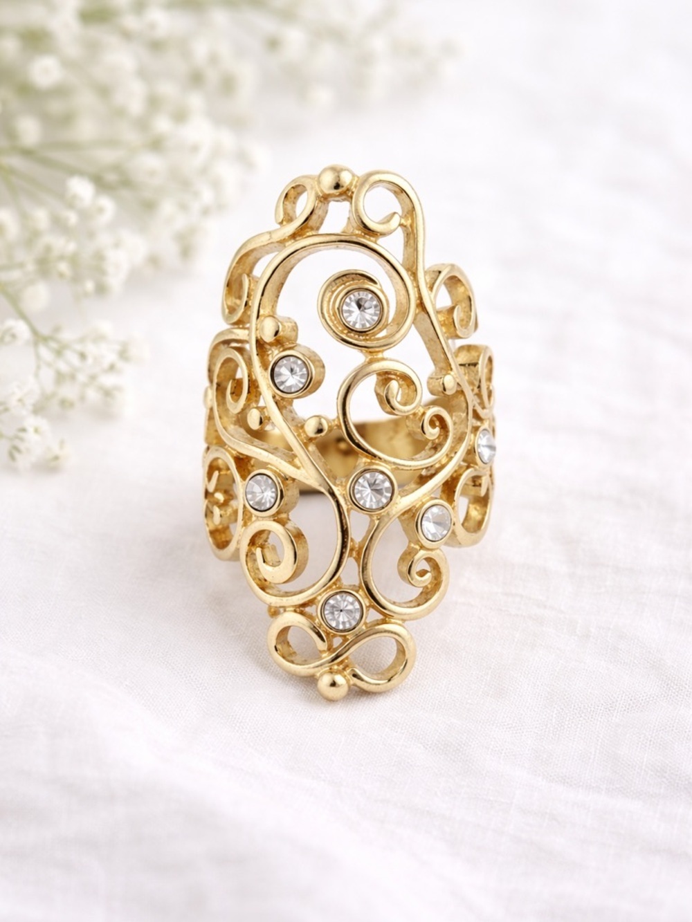 Gold-Tone Filigree Crystal Accent Statement Ring - Women Costume Jewelry